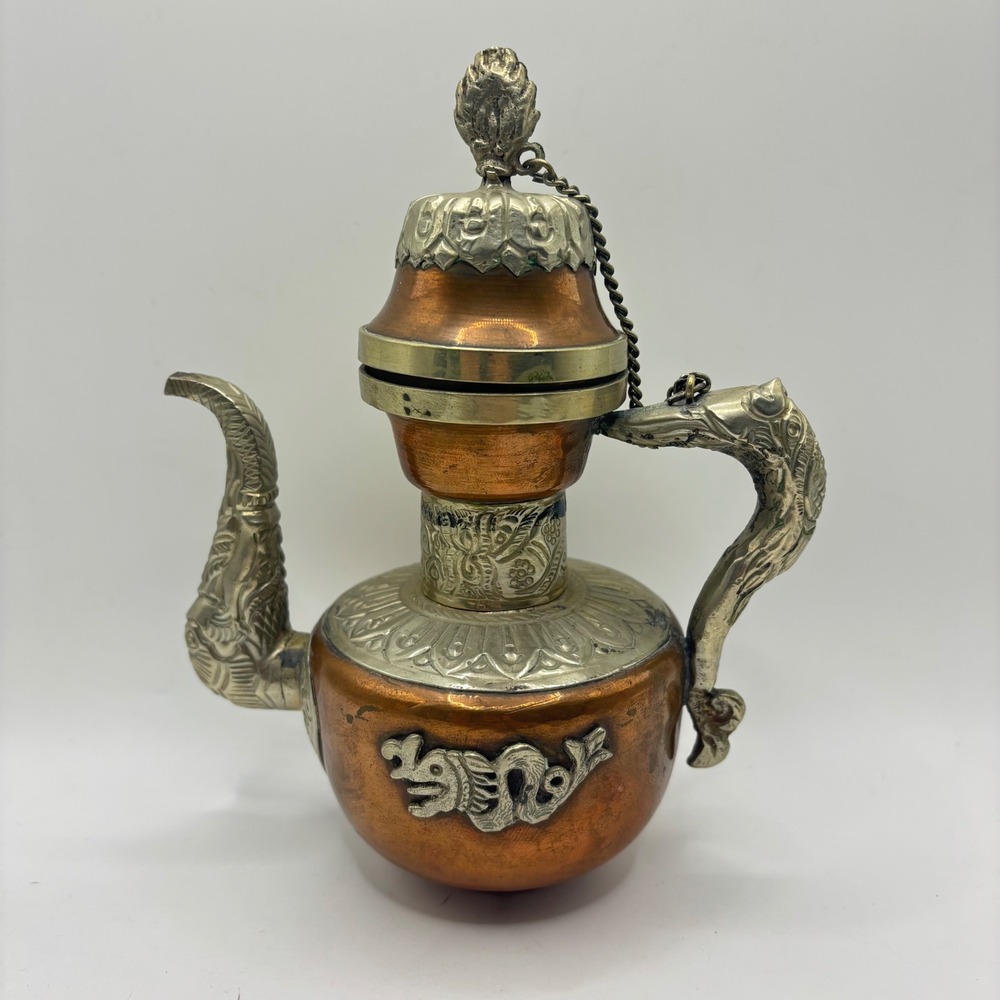 Vintage Tibetan Copper Silver Ewer Teapot Dragon Handle Elephant‎ Pitcher Ornate